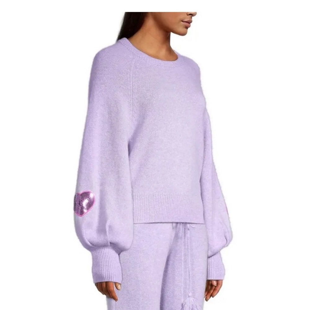 LoveShackFancy Lilac Crewneck Sweater with Heart Elbow Patches - Picture 2 of 4